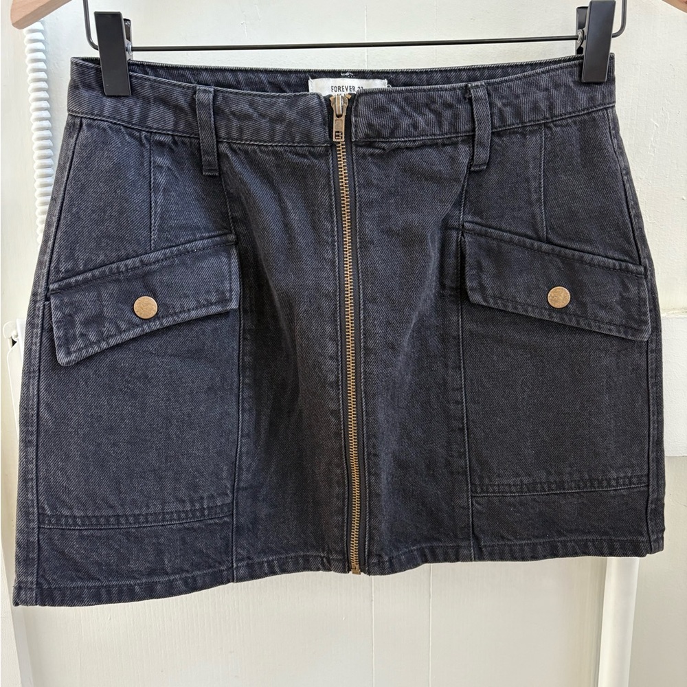 Forever 21 Washed Denim Mini Skirt with Gold Zipper